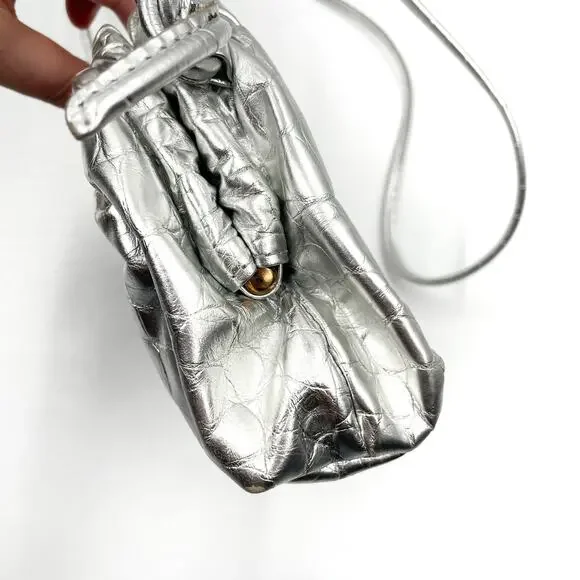 Mansur Gavriel Mini Cloud Clutch Bag Silver Metallic Leather Crossbody Strap - Picture 9 of 15